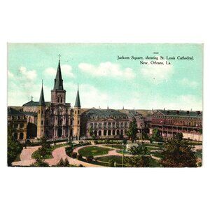 Antique Jackson Square St Louis Cathedral New Orleans La Color Postcard Vintage